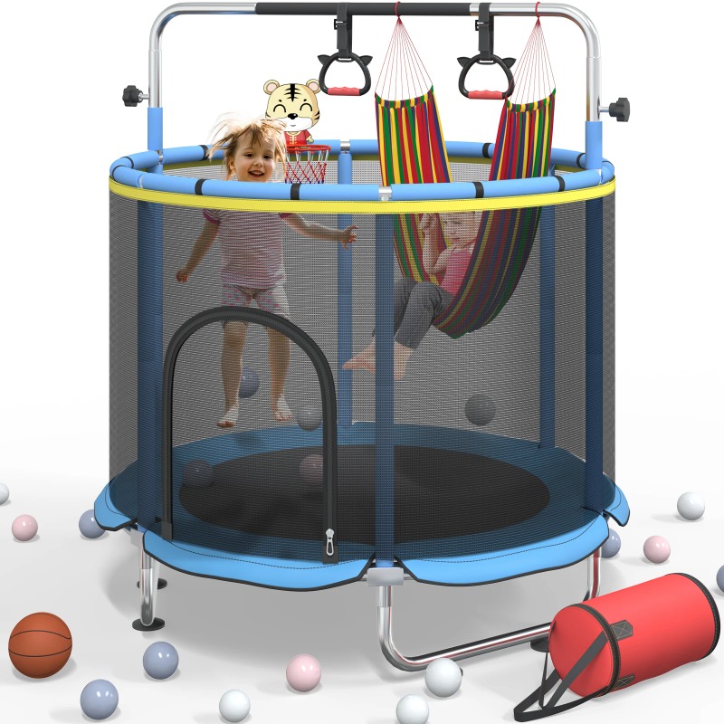 Trampoline Mini Indoor - 5フィート幼児用トランポリン 8in1 キッズミニトランポリン バスケットボールフープ付き スイングハンモック 室内屋外遊び