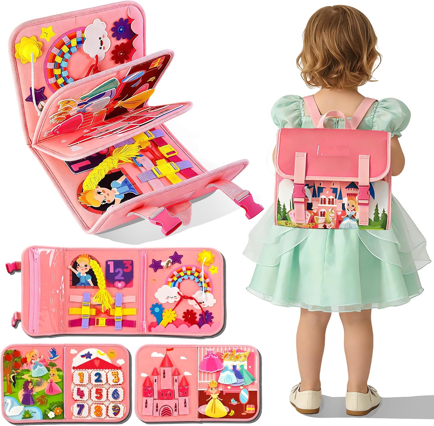 Kids Quiet Toys - 楽しいプリンセスキャッスルアクティビティバックパック｜子供たちは遊びを通して運動能力を学ぶ、旅行用の持ち運び可能な静かな教育玩具