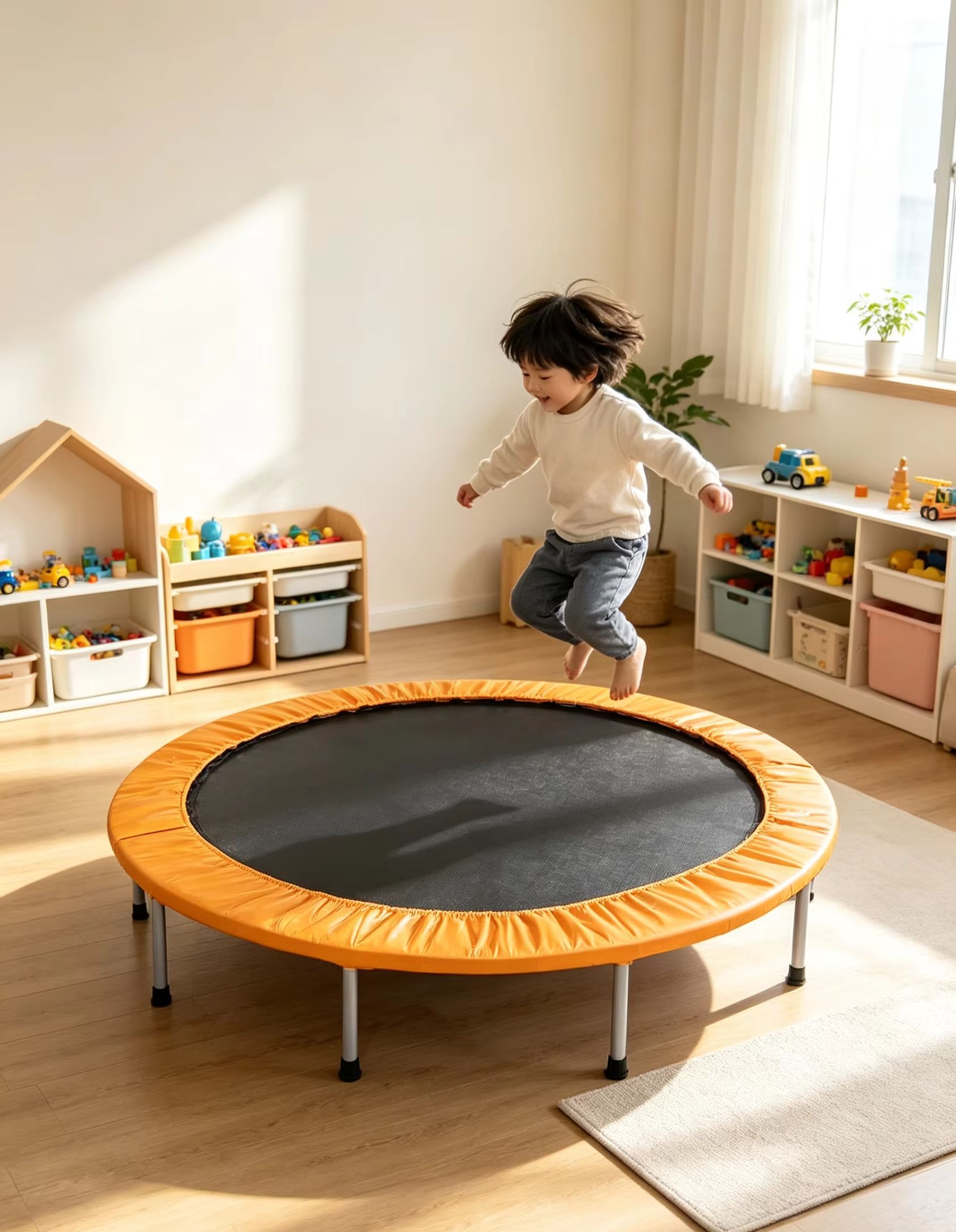 Trampoline Mini Indoor - 丸型ミニトランポリン、オレンジ色の安全パッド付き、金属製サポート脚、屋内外フィットネス用ジャンプベッド、大人と子供向け、自宅での運動に最適