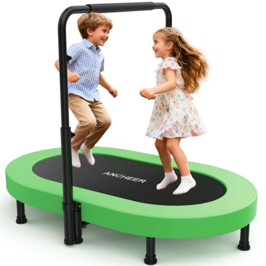Trampoline Mini Indoor - 幼児用トランポリン、屋内外兼用、スチールフレーム、青色のフォームハンドルと安全パッド付き、ASTM CPC認証取得、折りたたみ式ミニトランポリン