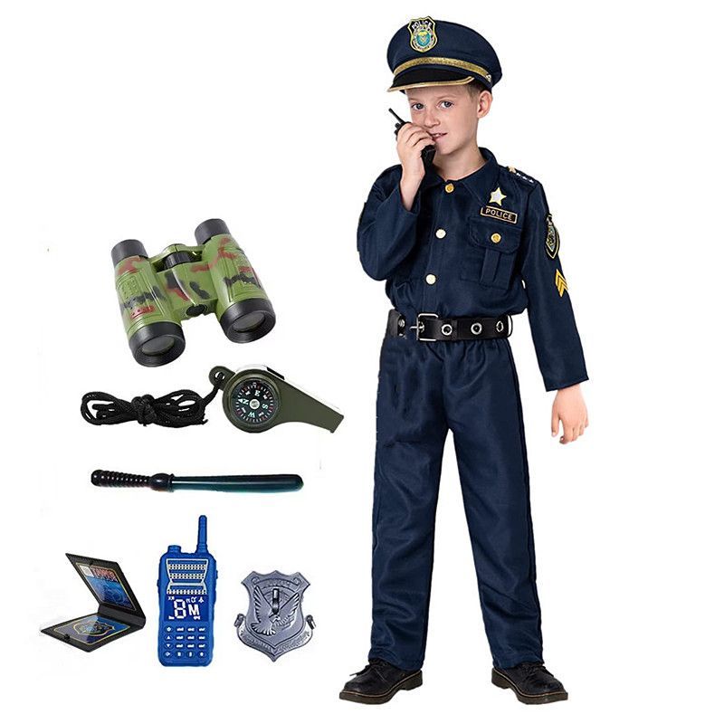 Kids Toys Set - 3-12歳のかわいいアメリカの子供用警察官コスチューム、男の子用警察官コスチューム、子供用ホリデードレスアップコスチューム、アクセサリーセット付き